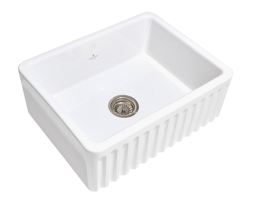 Barley 24" Single Bowl Fireclay Sink in White, Fluted Apron Front