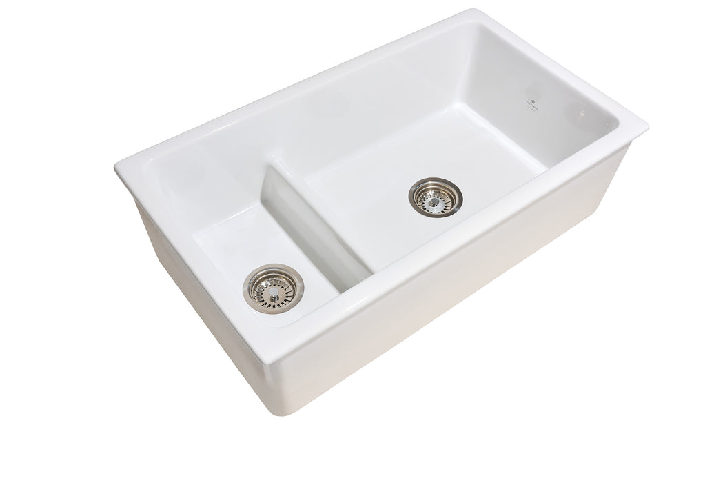 Langho 33" Double Bowl Fireclay Sink in White, Undermount