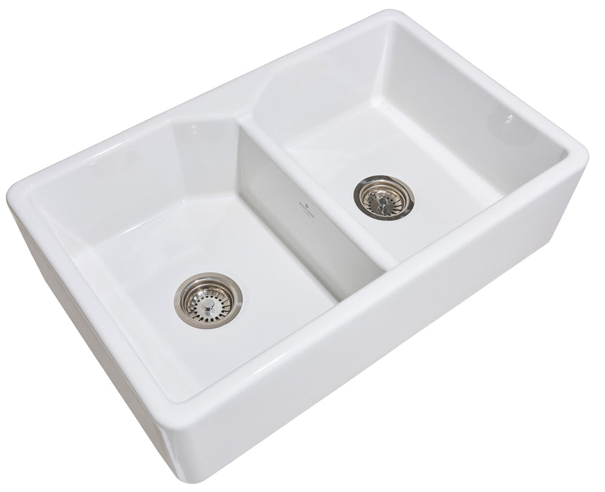 Pendleton 31" Double Bowl Fireclay Sink in White, Apron Front