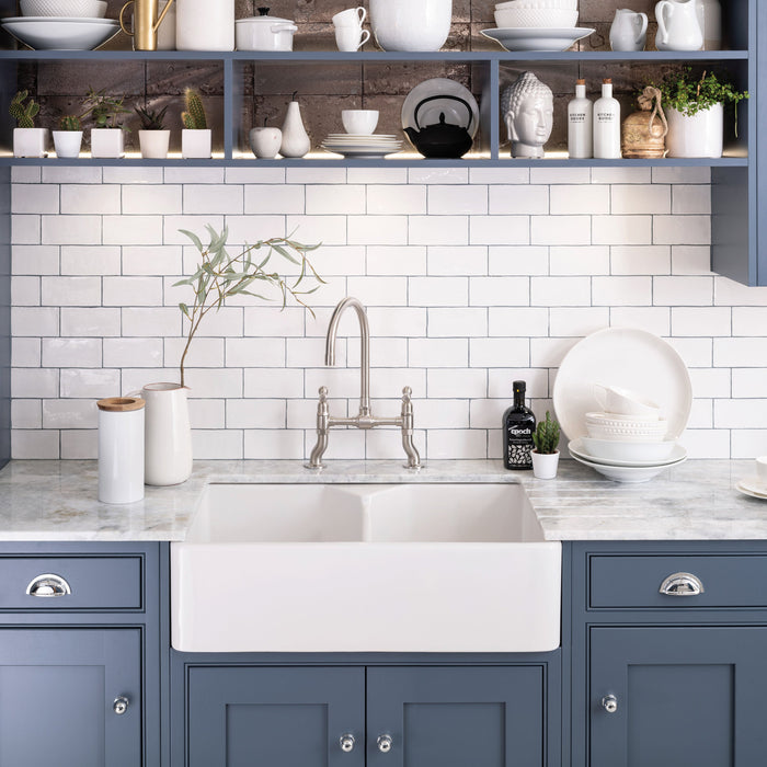 Pendleton 31" Double Bowl Fireclay Sink in White, Apron Front
