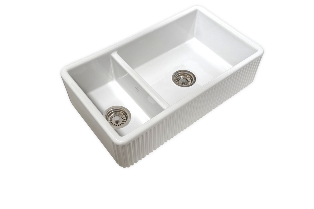 Reeded Lostock 31" Double Bowl Fireclay Sink in White, Fluted Front-Whitebirk