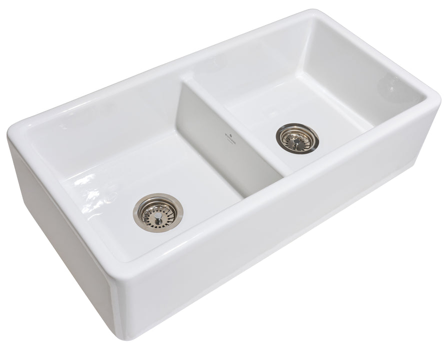 Ribbleton 36" Double Bowl Fireclay Sink in White, Square Apron Front