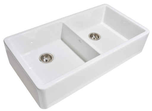 Stonyhurst 39" Double Bowl Fireclay Sink in White, Apron Front