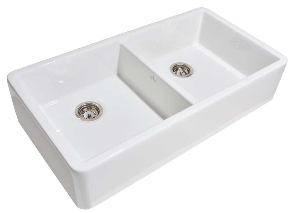 Stonyhurst 39" Double Bowl Fireclay Sink in White, Apron Front