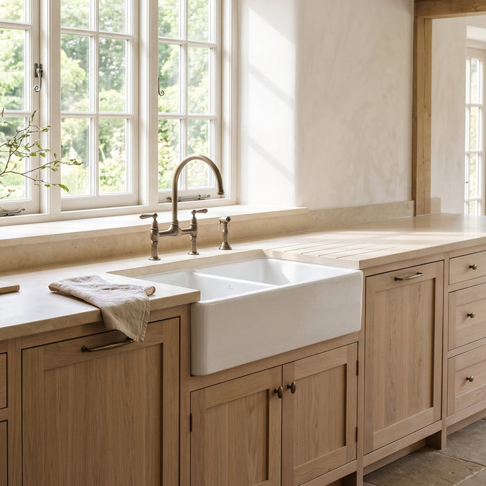 Stonyhurst 39" Double Bowl Fireclay Sink in White, Apron Front