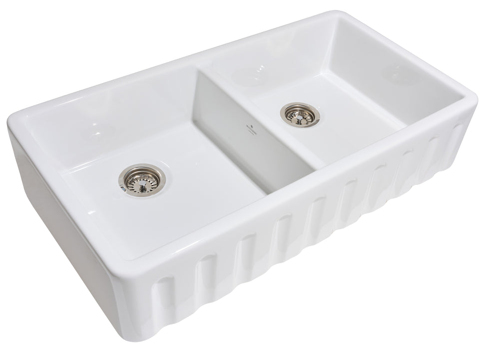 Trawden 39" Double Bowl Fireclay Sink in White, Fluted Apron Front