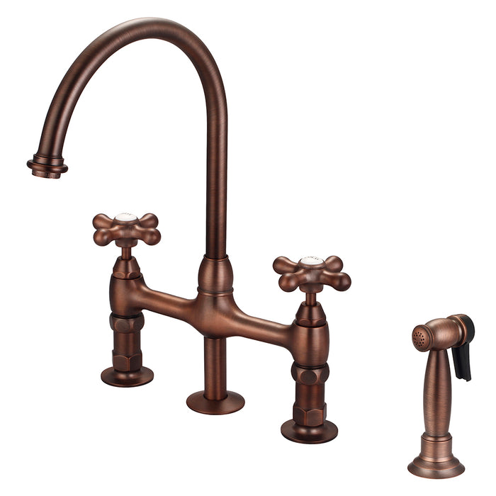 Harding Kitchen Bridge Faucet with Sidespray and Metal Button Cross Handles