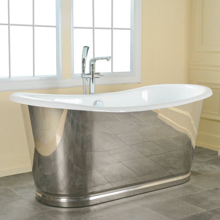 Laurent 72" Cast Iron Bateau Tub with Polished Stainless Steel Skirt        PRICE UPON REQUEST